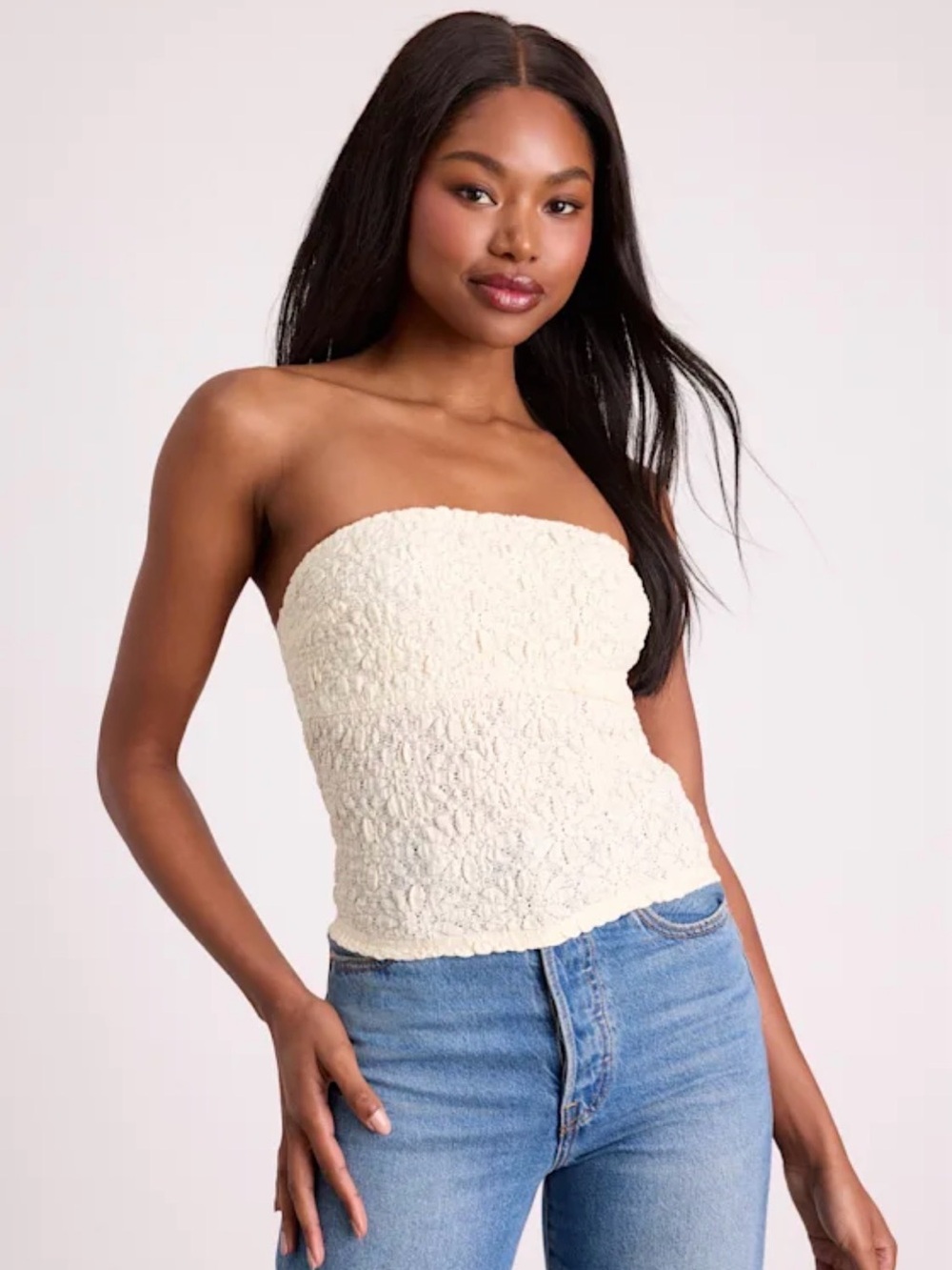 Lulu's Ivory Strapless Shirred Tube Crop Top